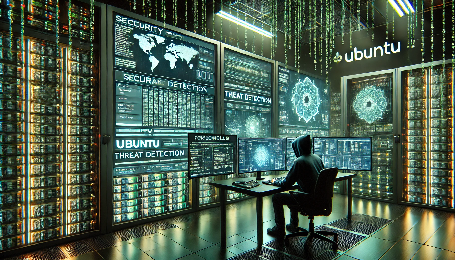Imagem realista de um profissional de cibersegurança monitorando a segurança de servidores Ubuntu, com telas exibindo códigos e firewalls ativos em um ambiente de data center.